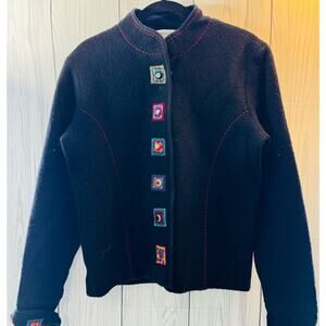 Coldwater Creek Womens Small Black Embroidered Snap Button Wool Cardigan (READ)